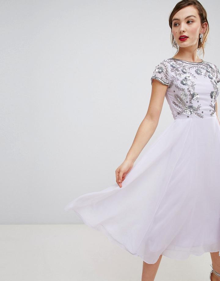 Frock & Frill Capped Sleeve Midi Dress With Embellished Detail-purple