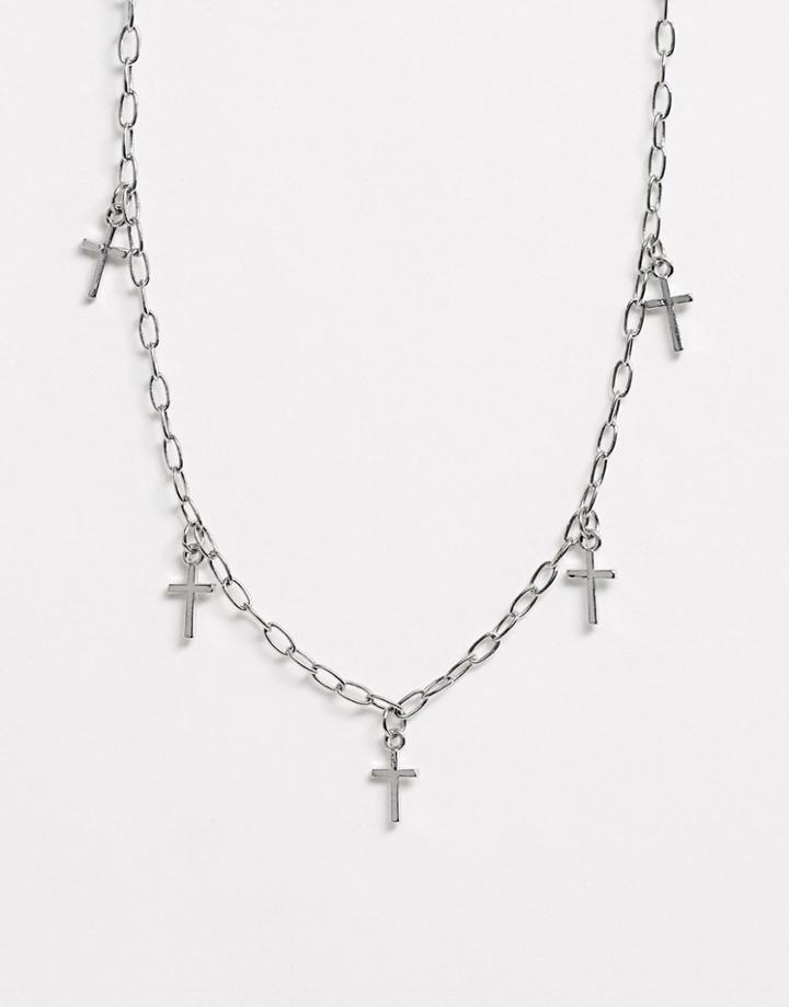 Asos Design Choker Necklace With Cross Pendants In Silver Tone