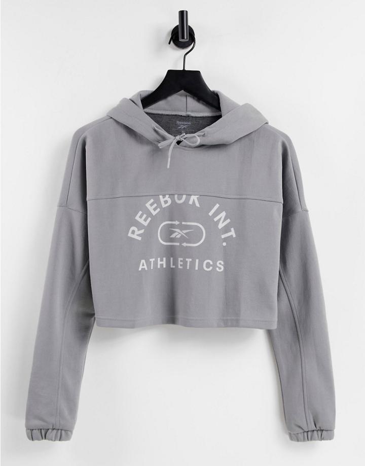 Reebok Training Cropped Hoodie With Print In Gray-grey