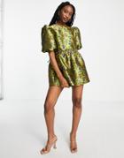 Asos Design Bubble Smock Romper In Floral Brocade-multi