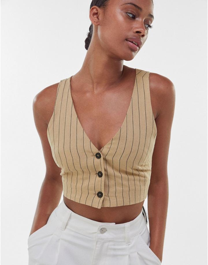 Bershka Linen Pinstripe Cropped Tailored Tank In Beige - Part Of A Set-neutral