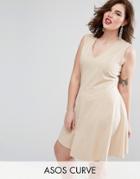 Asos Curve Skater Dress With Asymmetric Hem And V Neck - Pink