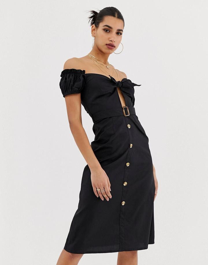 Boohoo Tie Front Cut Out Bardot Button Through Midi Dress In Black - Black