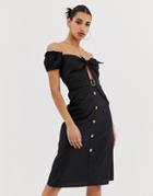 Boohoo Tie Front Cut Out Bardot Button Through Midi Dress In Black - Black