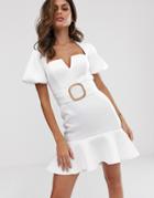 Asos Design Bubble Sleeve Square Neck Mini Dress With Wicker Belt - White