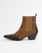Asos Design Stacked Heel Chelsea Boots In Tan Suede And Leather Mix - Tan