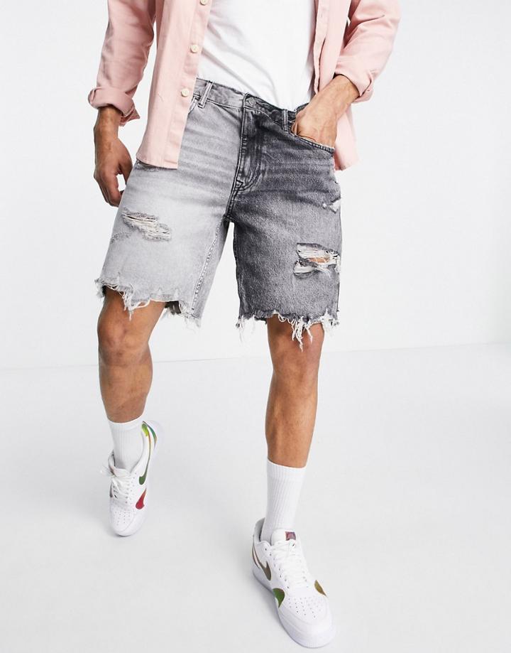 Bershka Half And Half Denim Shorts In Gray-grey