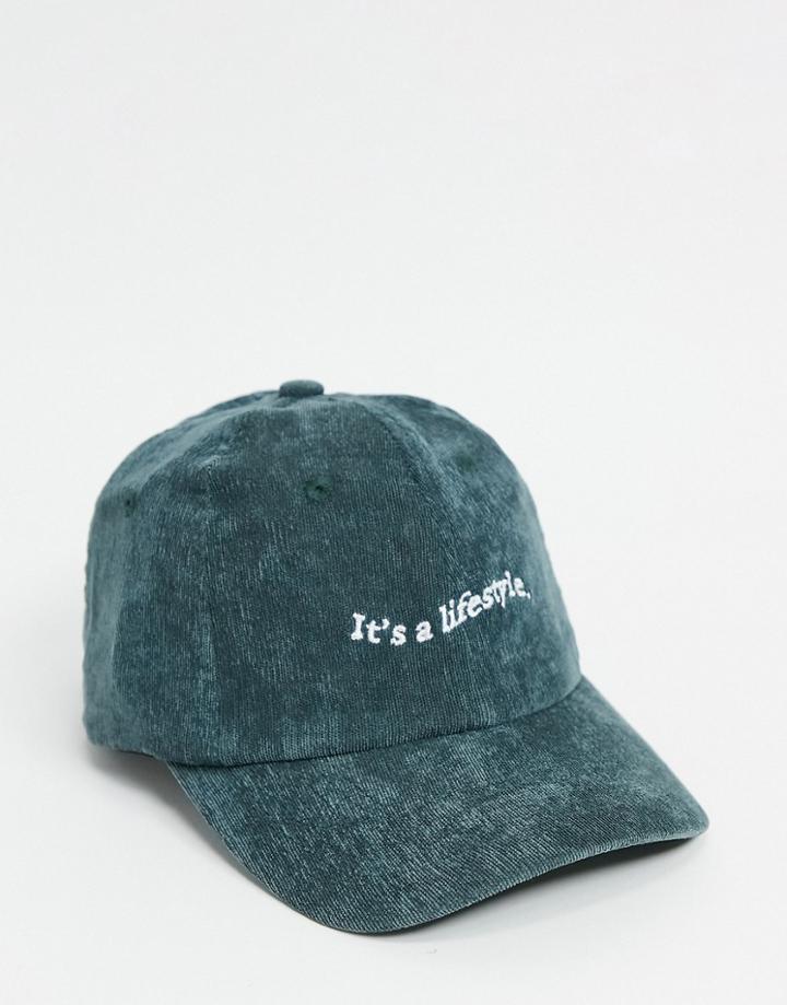 Asos Design Baseball Cap With Slogan In Gray Corduroy-grey