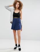 Asos Mini Skater Skirt With Asymmetric Poppers - Blue