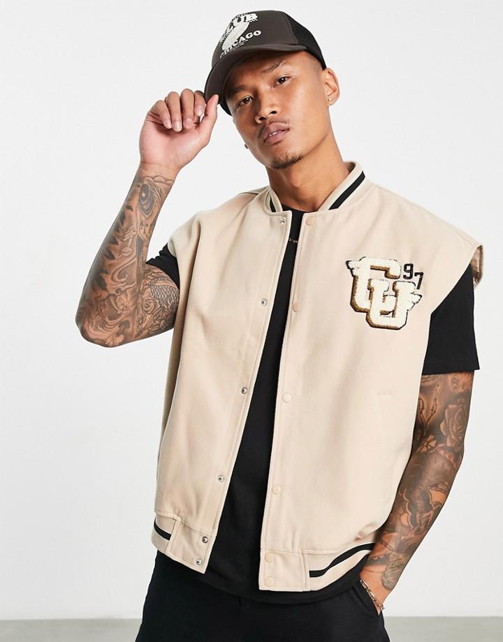 Asos Design Wool Look Varsity Vest In Beige-neutral