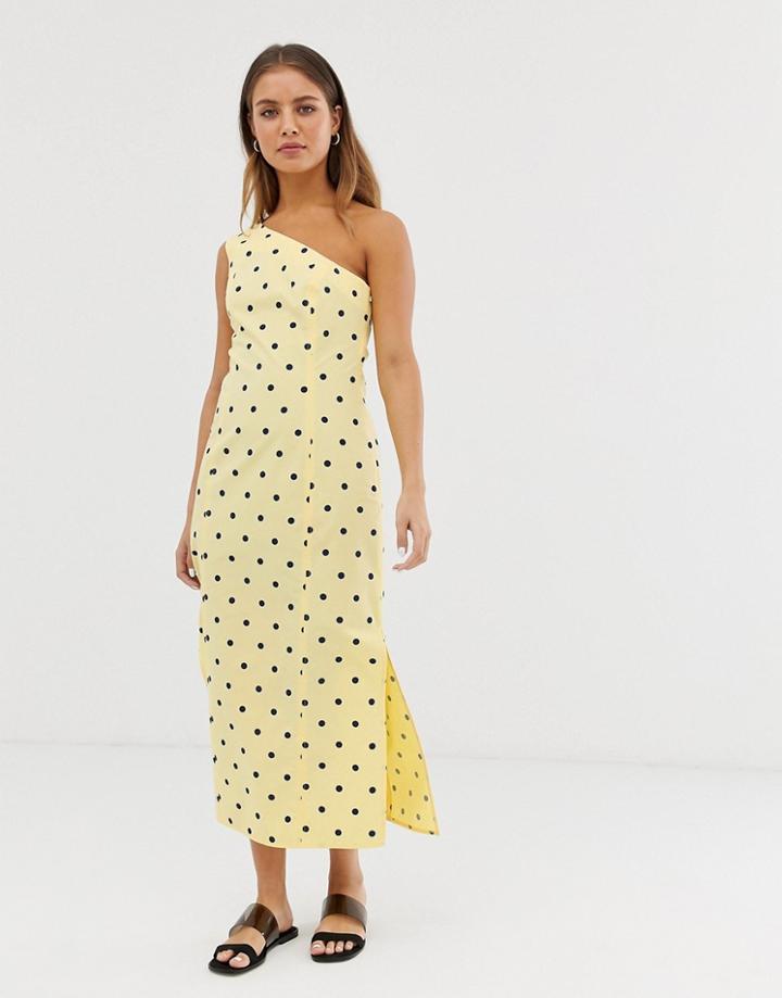 Asos Design One Shoulder Midi Sundress In Polka Dot-multi