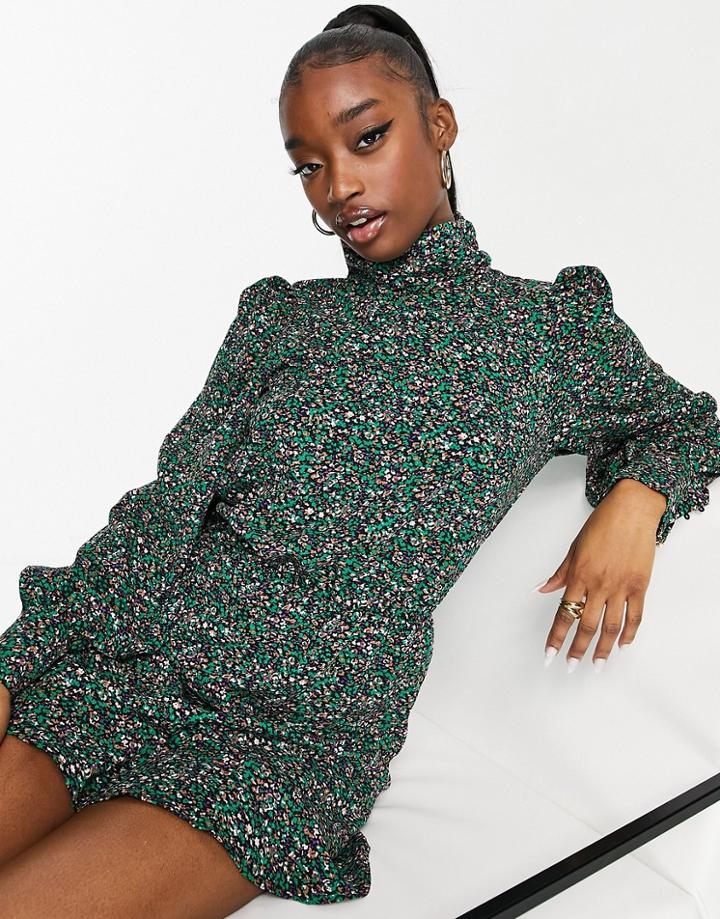 Ax Paris Mini Tea Dress With High Neck In Green Ditsy Floral