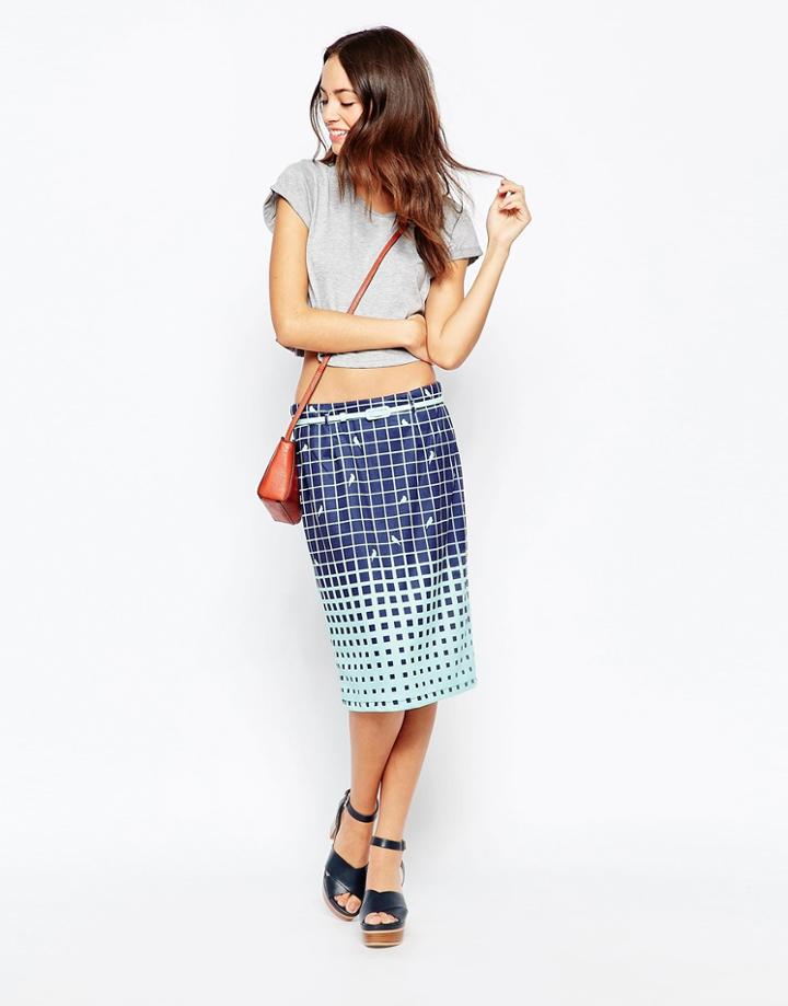 Yumi Pencil Skirt In Grid And Bird Print - Mint