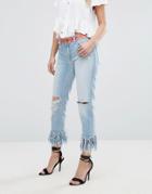 Replay Straight Jeans With Rips And Extreme Frayed Hem - Blue