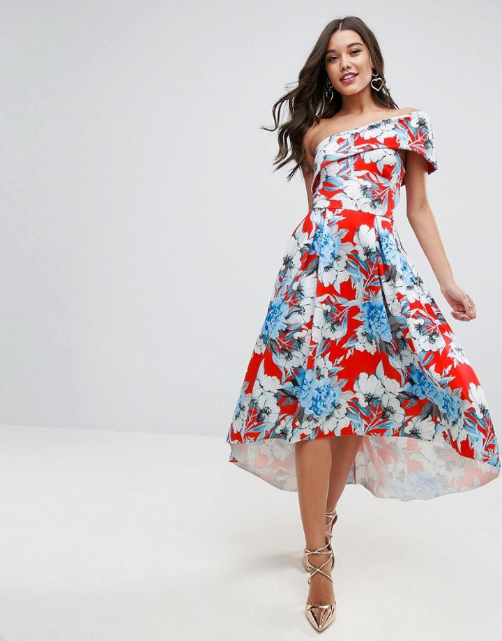 Asos Floral One Shoulder Scuba Dip Back Midi Skater Dress - Multi