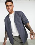 Topman Collarless Short Sleeve Linen Shirt In Charcoal-gray