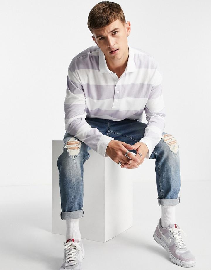 Topman Long Sleeve Oversized Polo With Large Horizontal Stripe In Lilac-purple