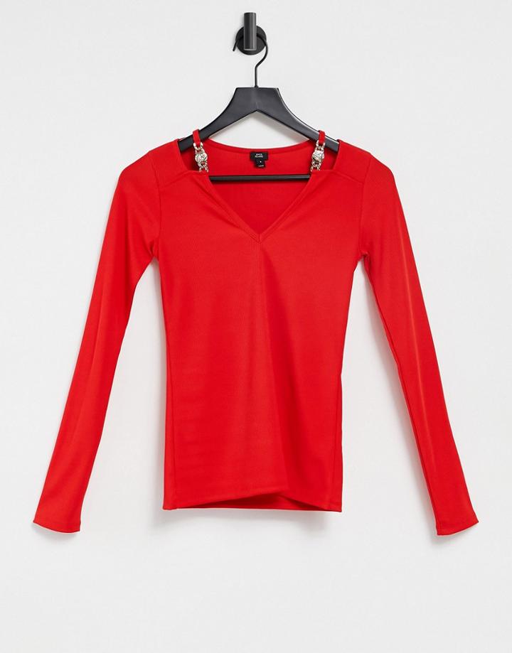 River Island Cut Out Hardware V Neck Top In Red