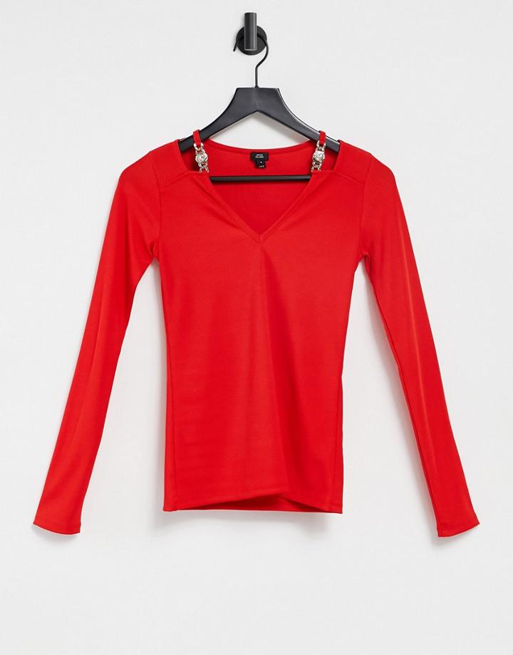 River Island Cut Out Hardware V Neck Top In Red