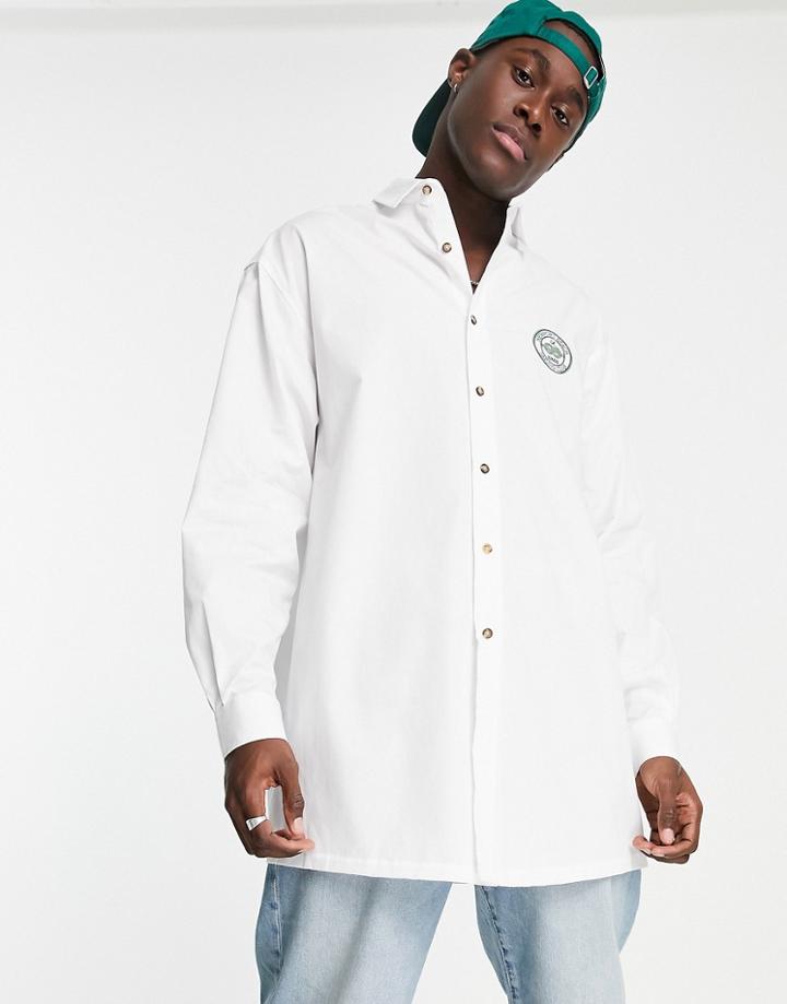 Asos Design Long Sleeve Aline Oversized Shirt With Sailing Club Collegiate Badge-white