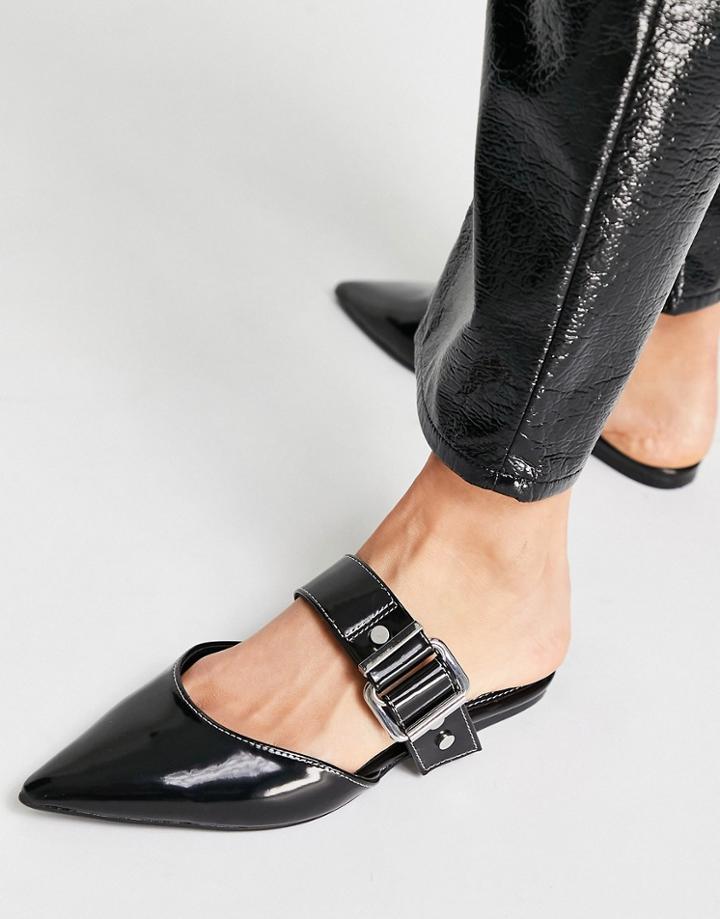 Asos Design Loft Buckle Hardware Pointed Ballet Mules In Black