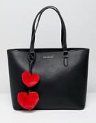 Love Moschino Logo Tote Bag With Heart Pom Poms - Black