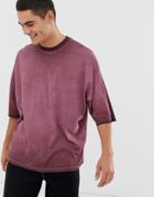 Asos Design Oversized T-shirt With Half Sleeve In Pigment Wash In Burgundy-red