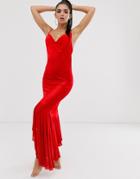 Asos Design Slinky Beach Maxi Dress With Cowl Neck & Ruffle Hem-red