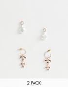 Asos Design Pack Of 2 Earrings Pretty Pearl And Jewel In Rose Gold - Gold