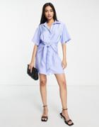 & Other Stories Tie Front Blend Mini Shirt Dress In Light Blue - Lblue
