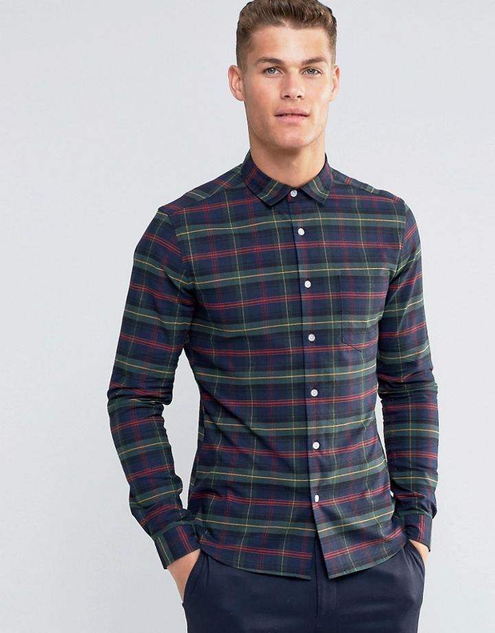 Asos Skinny Shirt With Khaki Plaid Check In Long Sleeve - Green