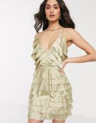 Asos Design Satin Ruffled Tiered Mini Cami Dress In Satin-gold