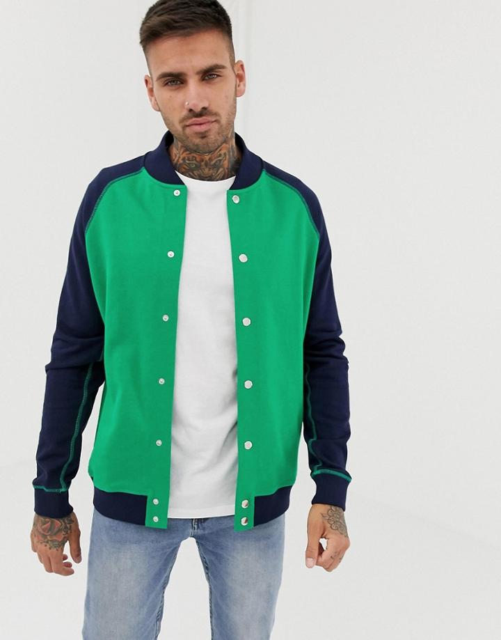 Asos Design Jersey Varsity Bomber Jacket - Green