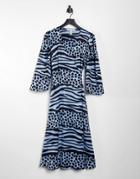 Liquorish Midi Wrap Dress In Blue Animal Print-blues