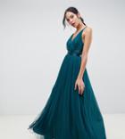 Asos Design Tall Premium Tulle Maxi Prom Dress With Ribbon Ties-green