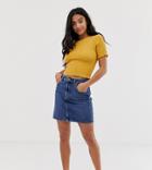 Asos Design Petite Denim Original High Waisted Skirt In Midwash Blue-blues