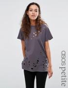 Asos Petite T-shirt In Boyfriend Fit With Distressed Detail - Gray