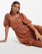 Asos Design Lace Insert Mini Skater Dress In Texture In Chocolate-brown