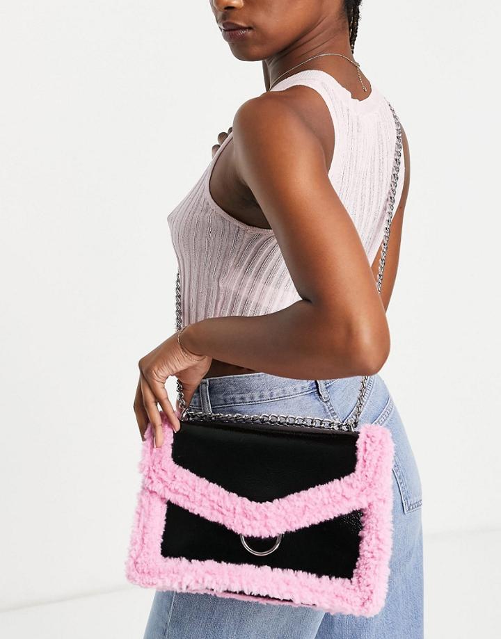Skinnydip Faux Shearling Trim Cross Body Bag In Black And Pink