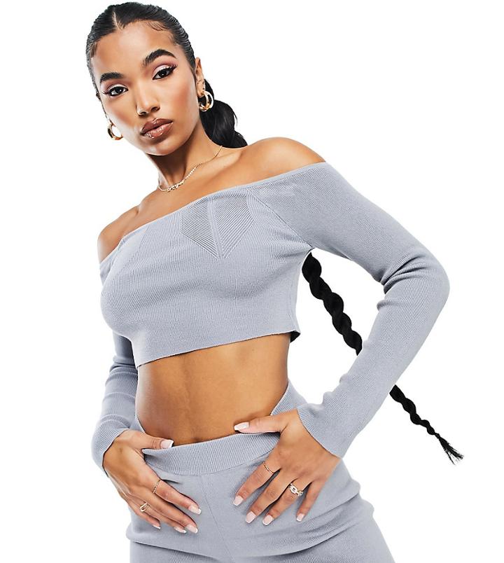 Asyou Knitted Bardot Crop Top Set In Gray-grey