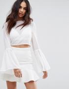 Missguided Dobby Mesh Crop Top With Flare Sleeve - White