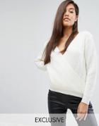 Parallel Lines Relaxed Sweater With Wrap Front - White