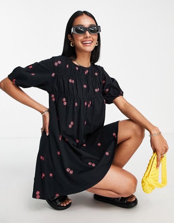 Asos Design Tiered Mini Smock Dress In Black With Red Floral Embroidery