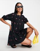 Asos Design Tiered Mini Smock Dress In Black With Red Floral Embroidery