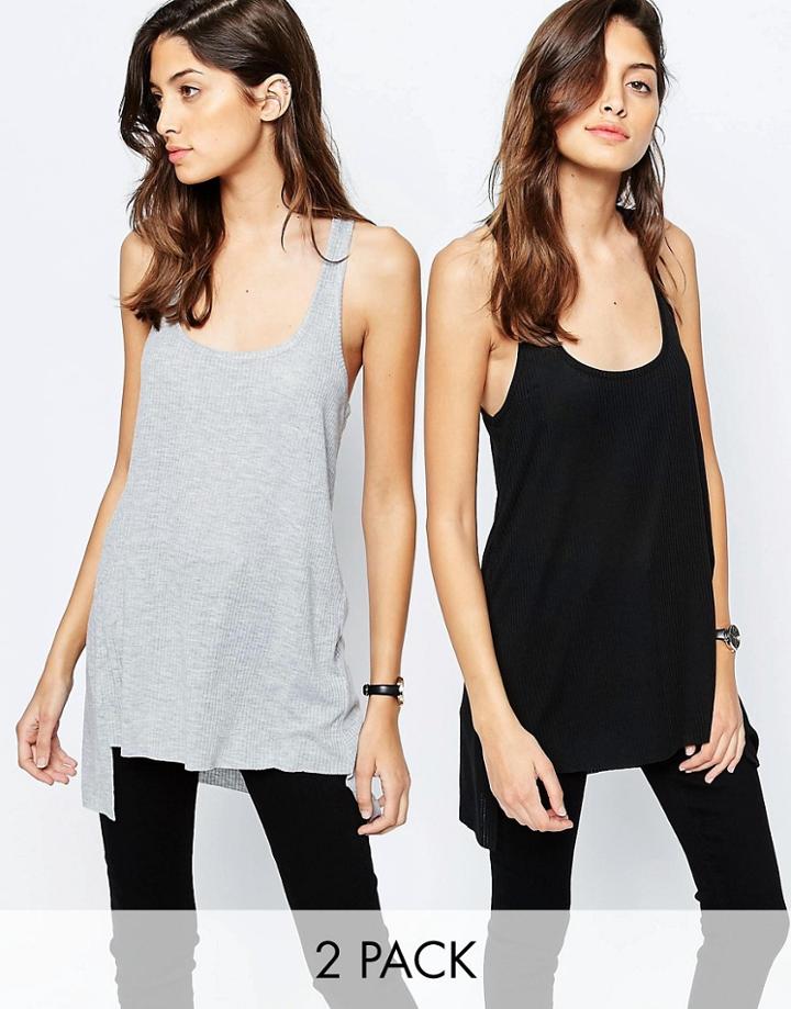 Asos Tank With Step Back Hem In Rib 2 Pack - Black