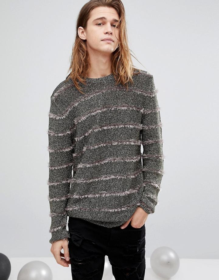 Asos Metallic Sweater With Fluffy Stripes In Gold - Gold