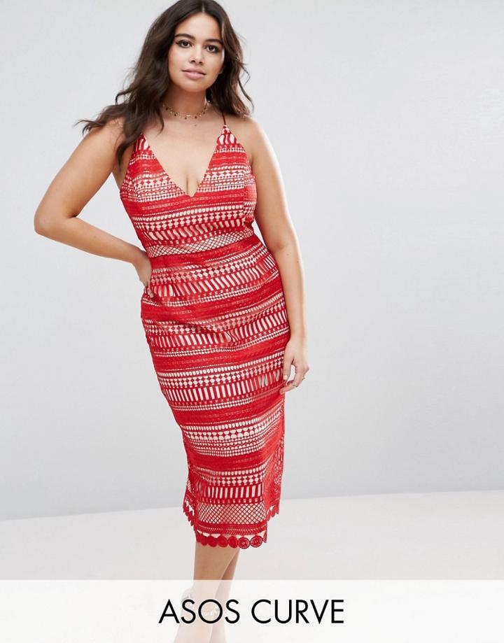 Asos Curve Lace Hitchcock Cami Midi Pencil Dress - Red