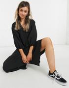 Asos Design Button Through Textured Smock Maxi Shirt Dress In Black