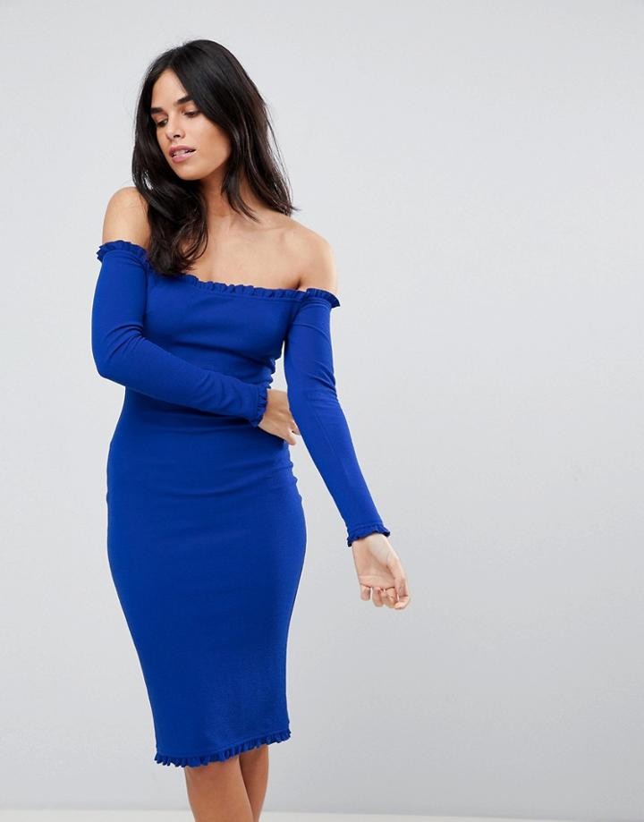 Ax Paris Midi Bodycon Dress With Frill Detail-blue
