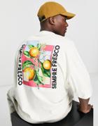 Asos Design Oversized T-shirt In Beige With Photographic Fruit Back Print-neutral